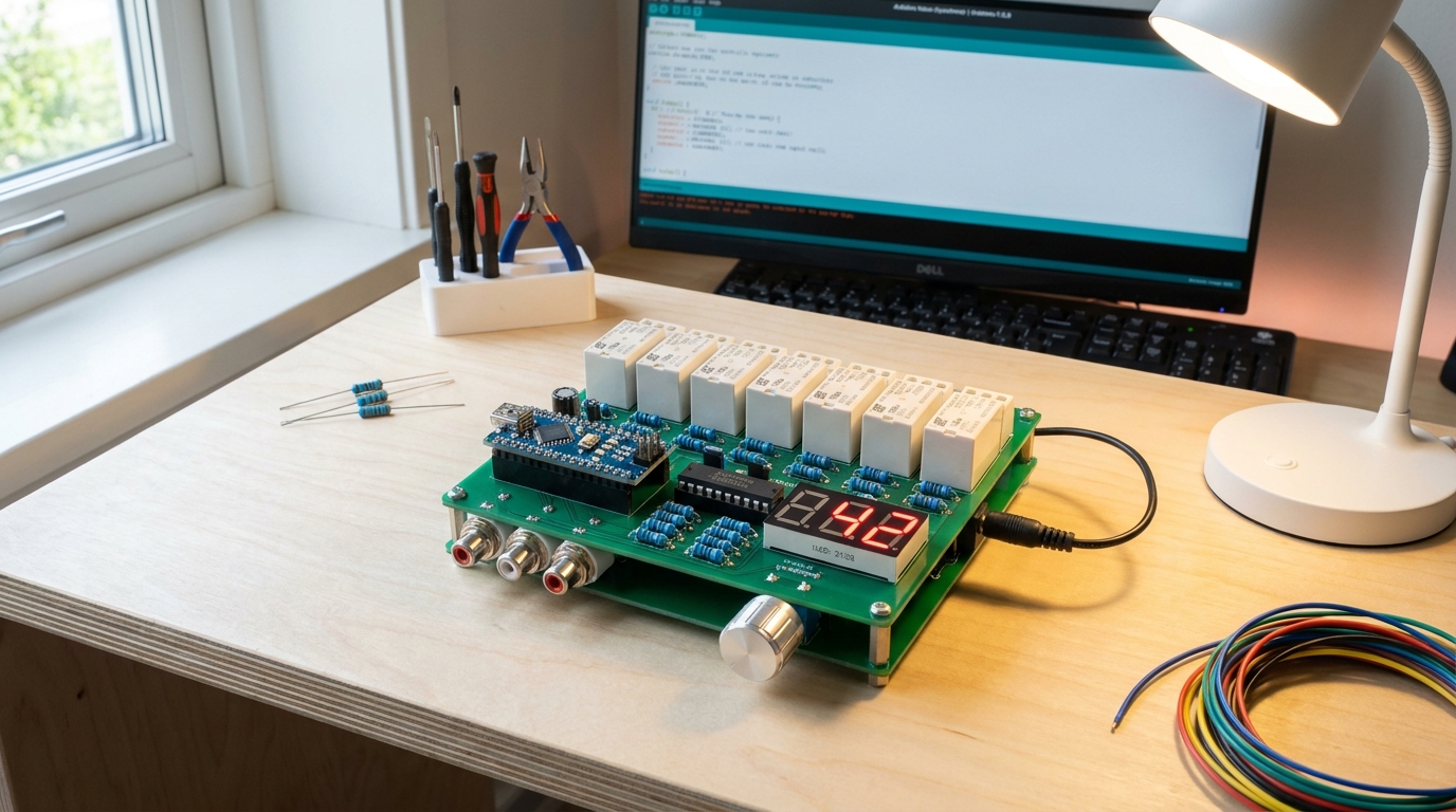 Собранный релейный регулятор громкости на Arduino Nano с реле и индикатором