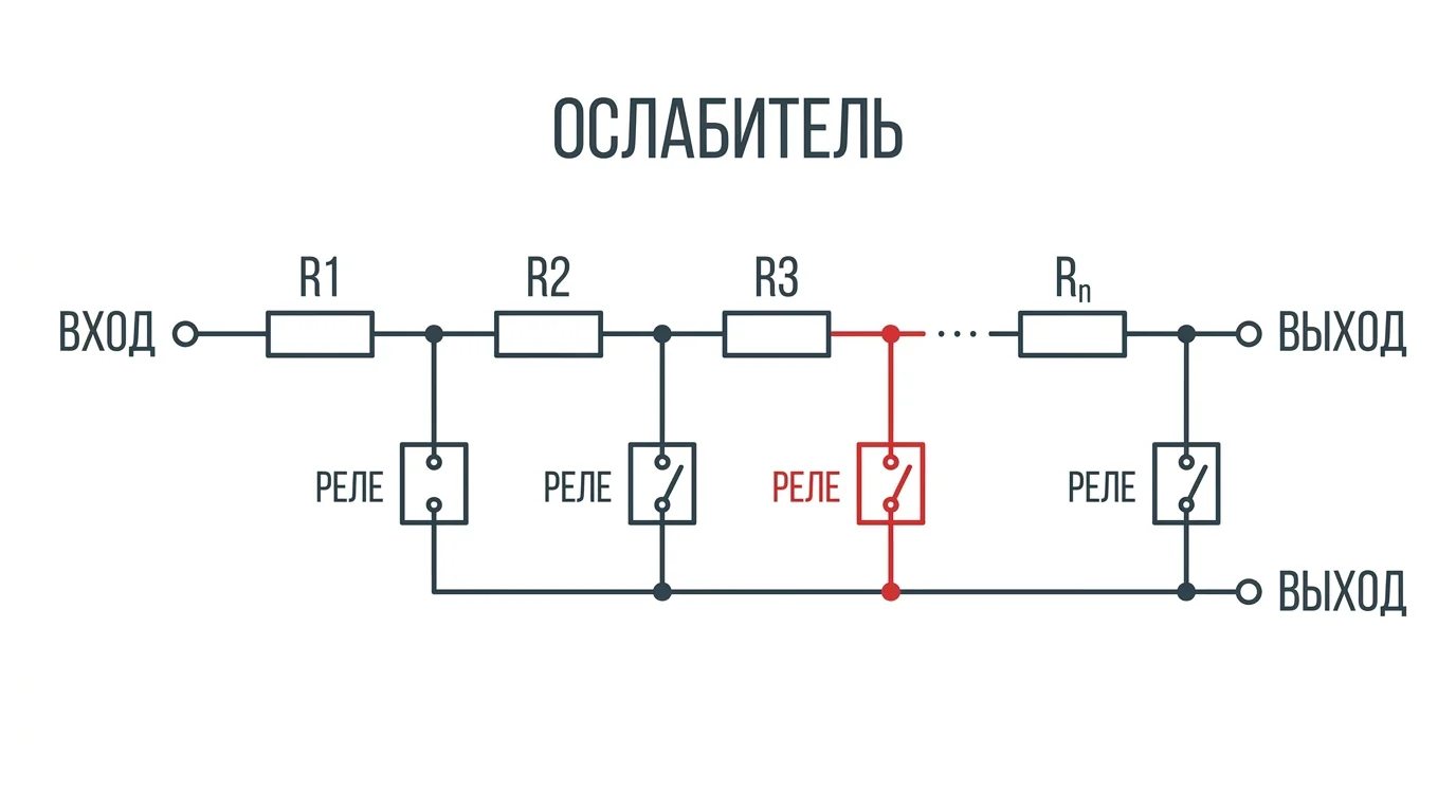 Схема лестничного аттенюатора: цепочка фиксированных резисторов с отводами, коммутируемыми реле