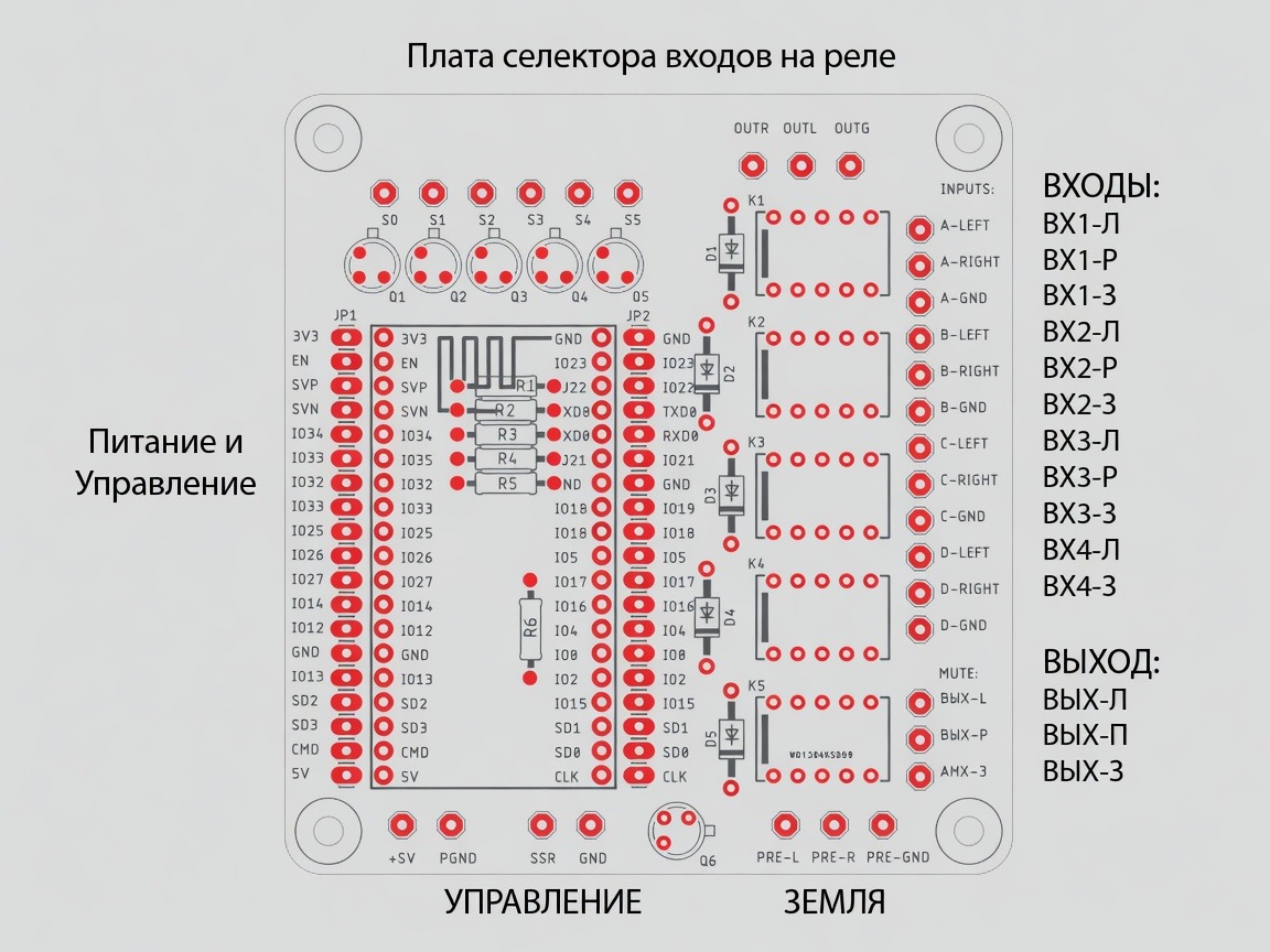 Разводка платы селектора: две отдельные зоны, четыре входа